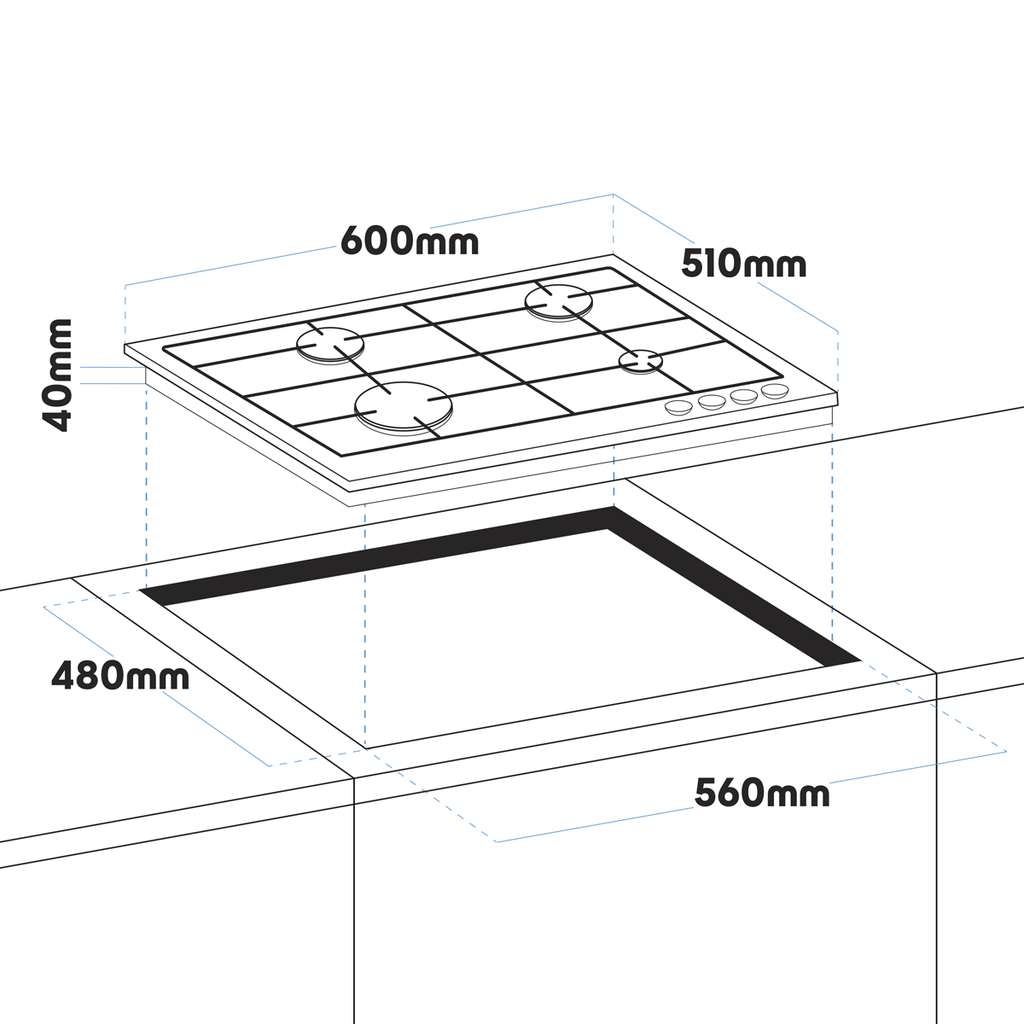 Gas Hob with 4 Cooking Zones 60cm - Stainless Steel DH225