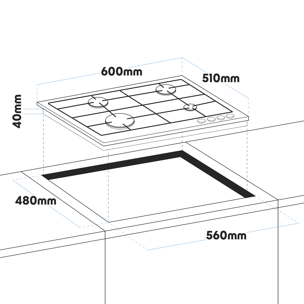 Gas Hob with 4 Cooking Zones 60cm - Stainless Steel DH225