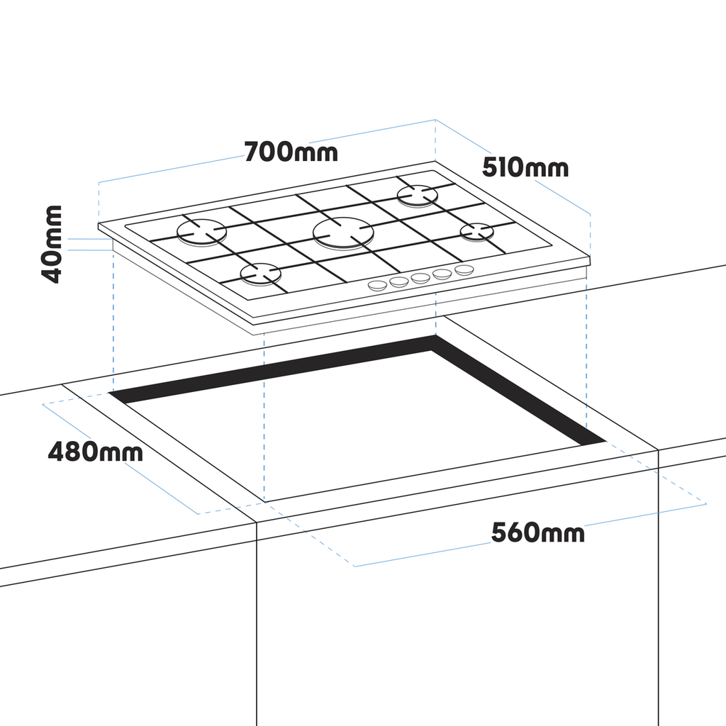 Gas Hob with 5 Cooking Zones 70cm - Stainless Steel DH227