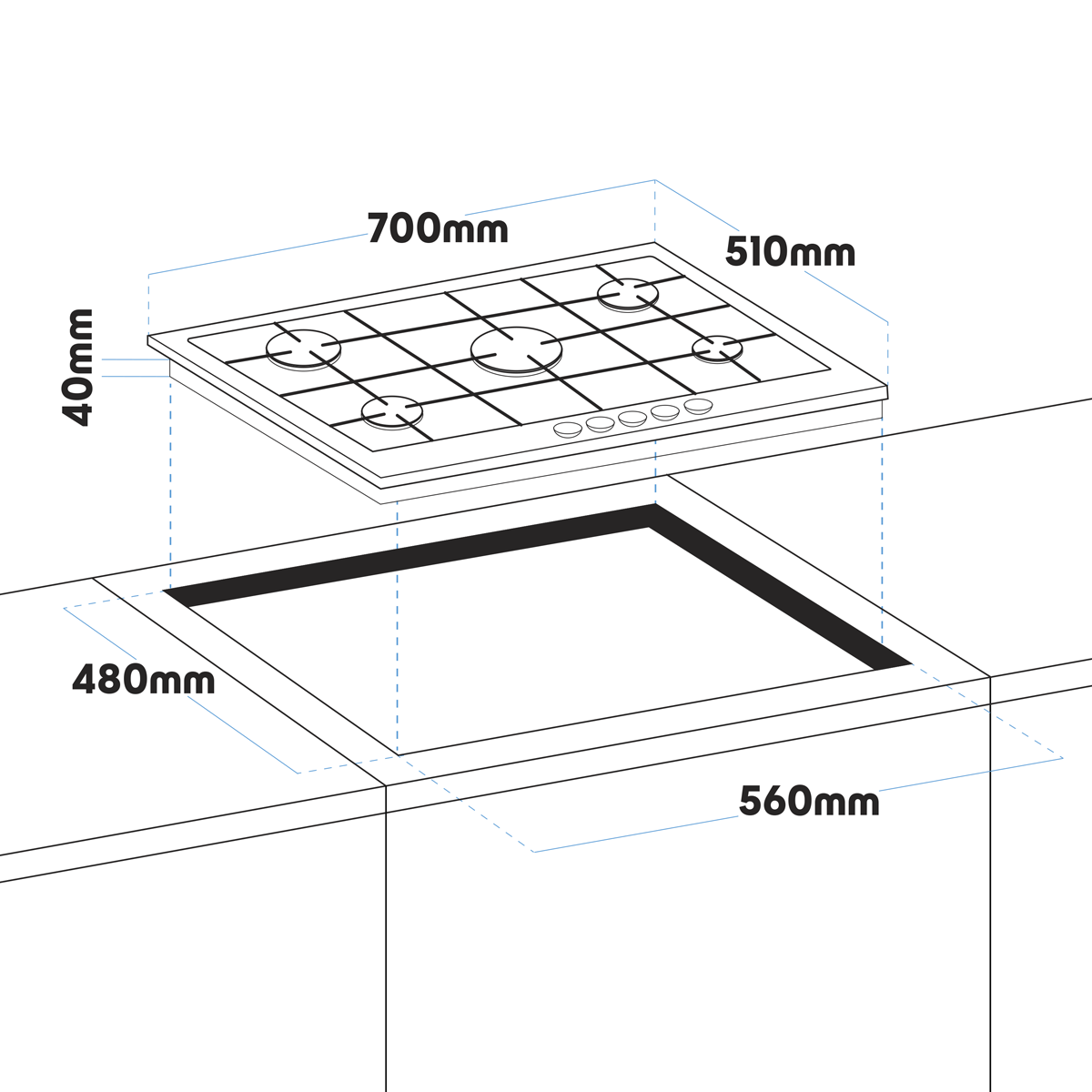 Gas Hob with 5 Cooking Zones 70cm - Stainless Steel DH227