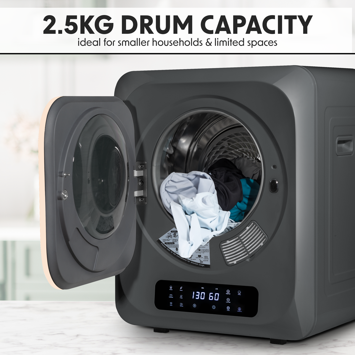 Tabletop Tumble Dryer with Digital Controls 2.5kg Capacity - Black DH229