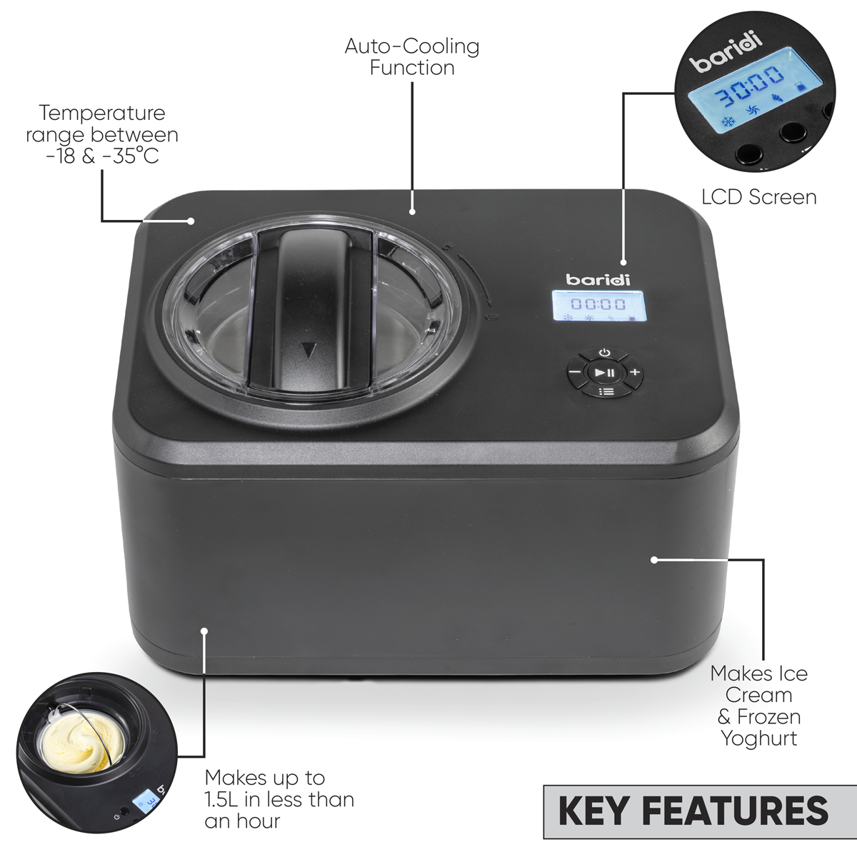 Automatic Churning Ice Cream Machine 1.5L - Black DH240