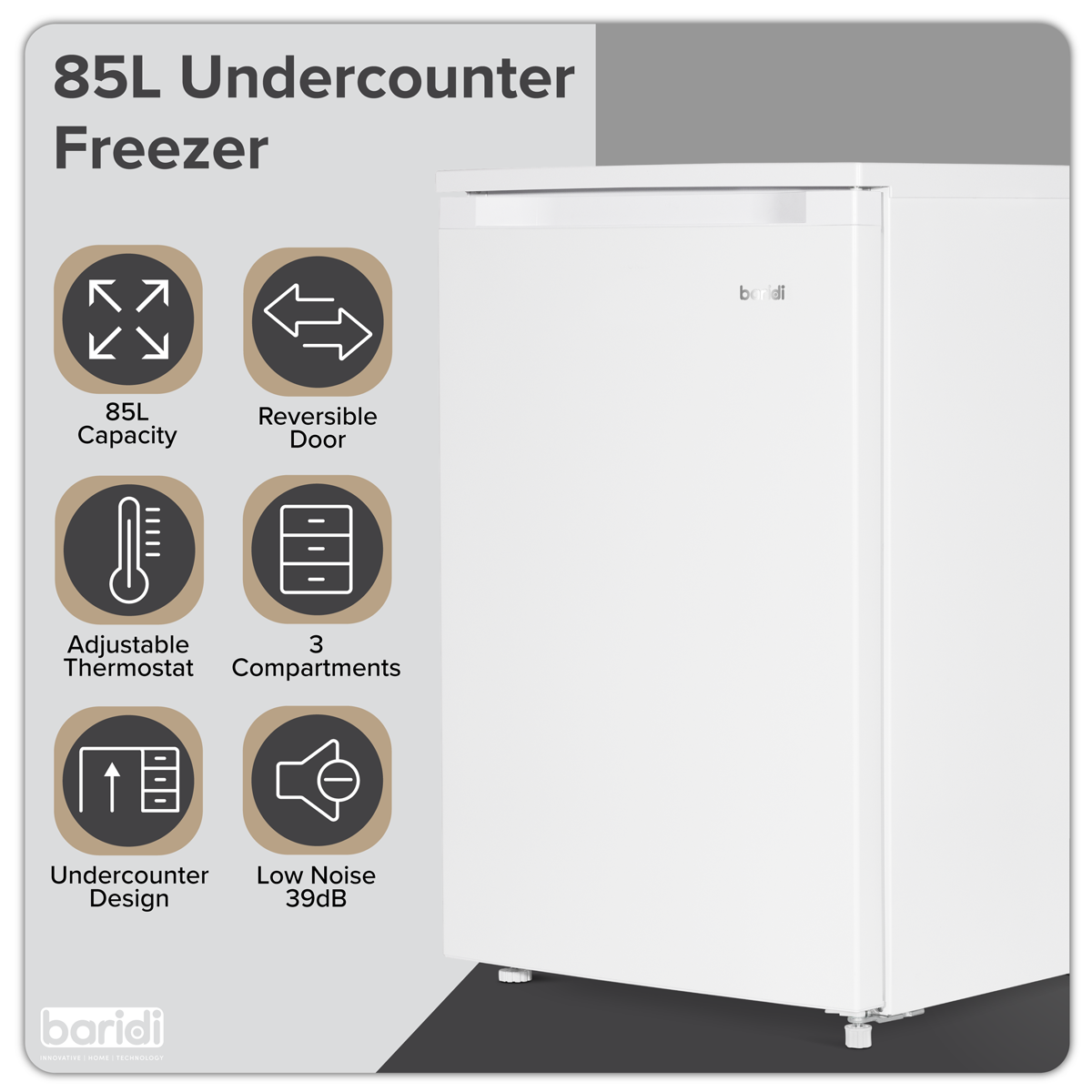 55cm Undercounter Freezer with Adjustable Thermostat 85L - White DH250