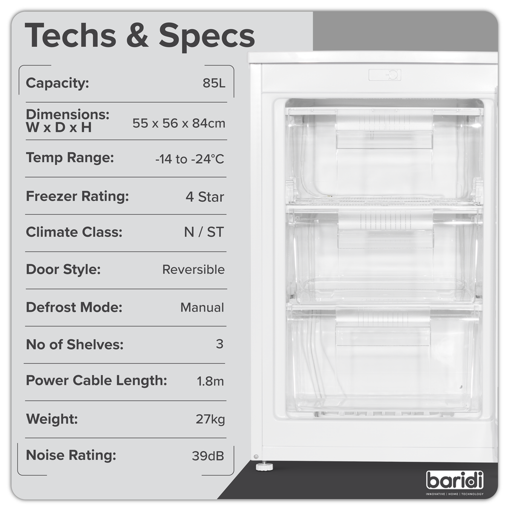 55cm Undercounter Freezer with Adjustable Thermostat 85L - White DH250