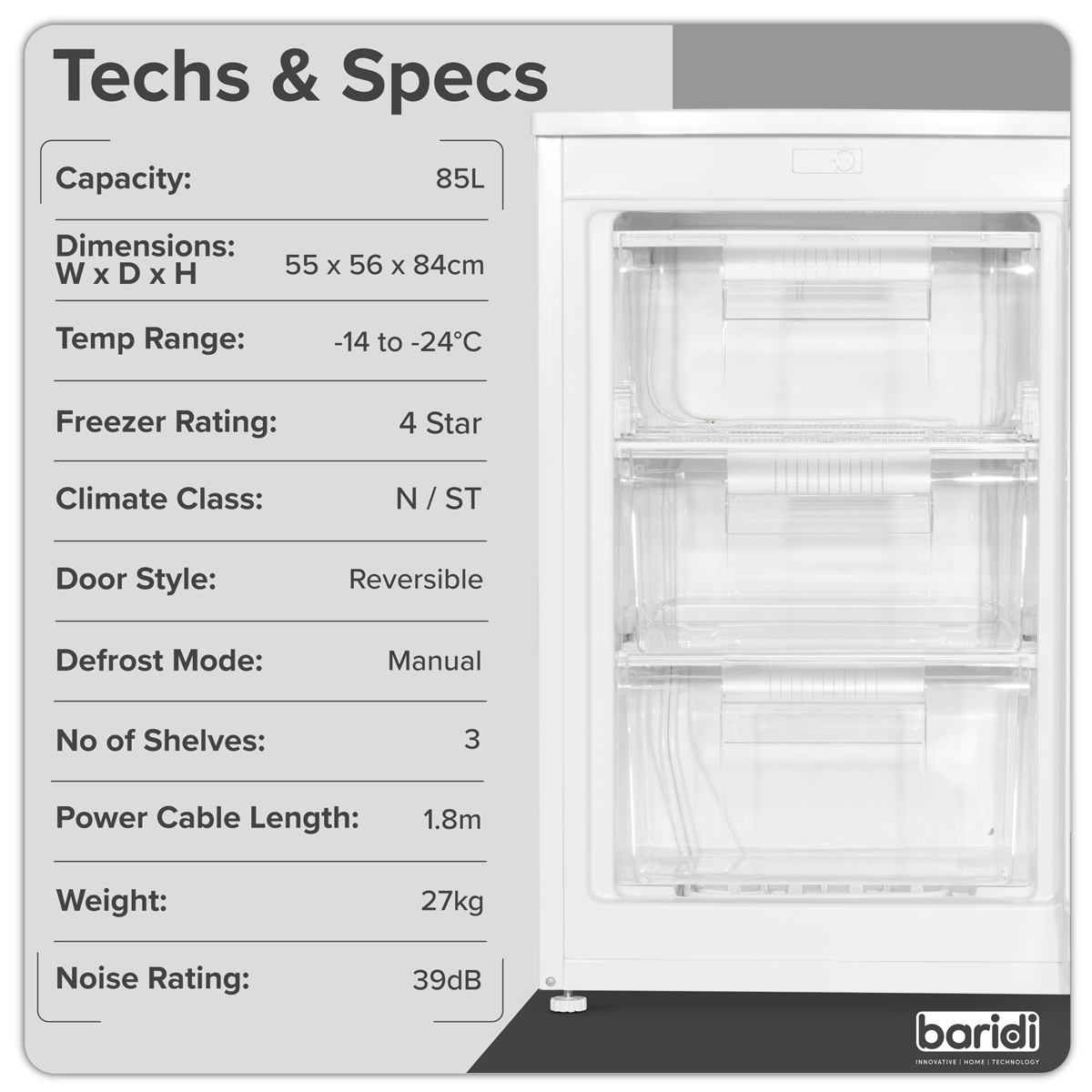 55cm Undercounter Freezer with Adjustable Thermostat 85L - White DH250