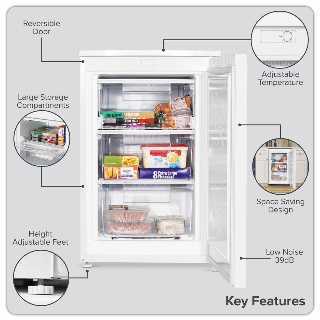 55cm Undercounter Freezer with Adjustable Thermostat 85L - White DH250
