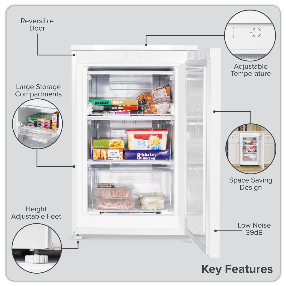 55cm Undercounter Freezer with Adjustable Thermostat 85L - White DH250