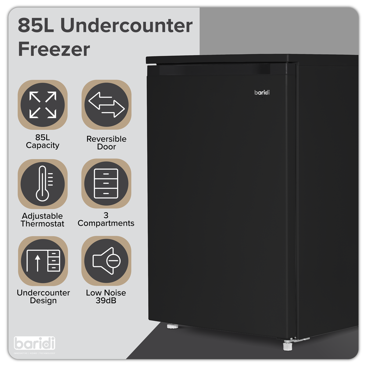 Baridi 55cm Undercounter Freezer with Adjustable Thermostat, 85L - Black DH251