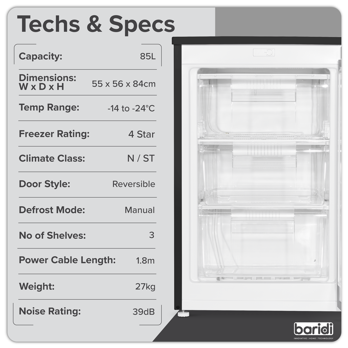 Baridi 55cm Undercounter Freezer with Adjustable Thermostat, 85L - Black DH251