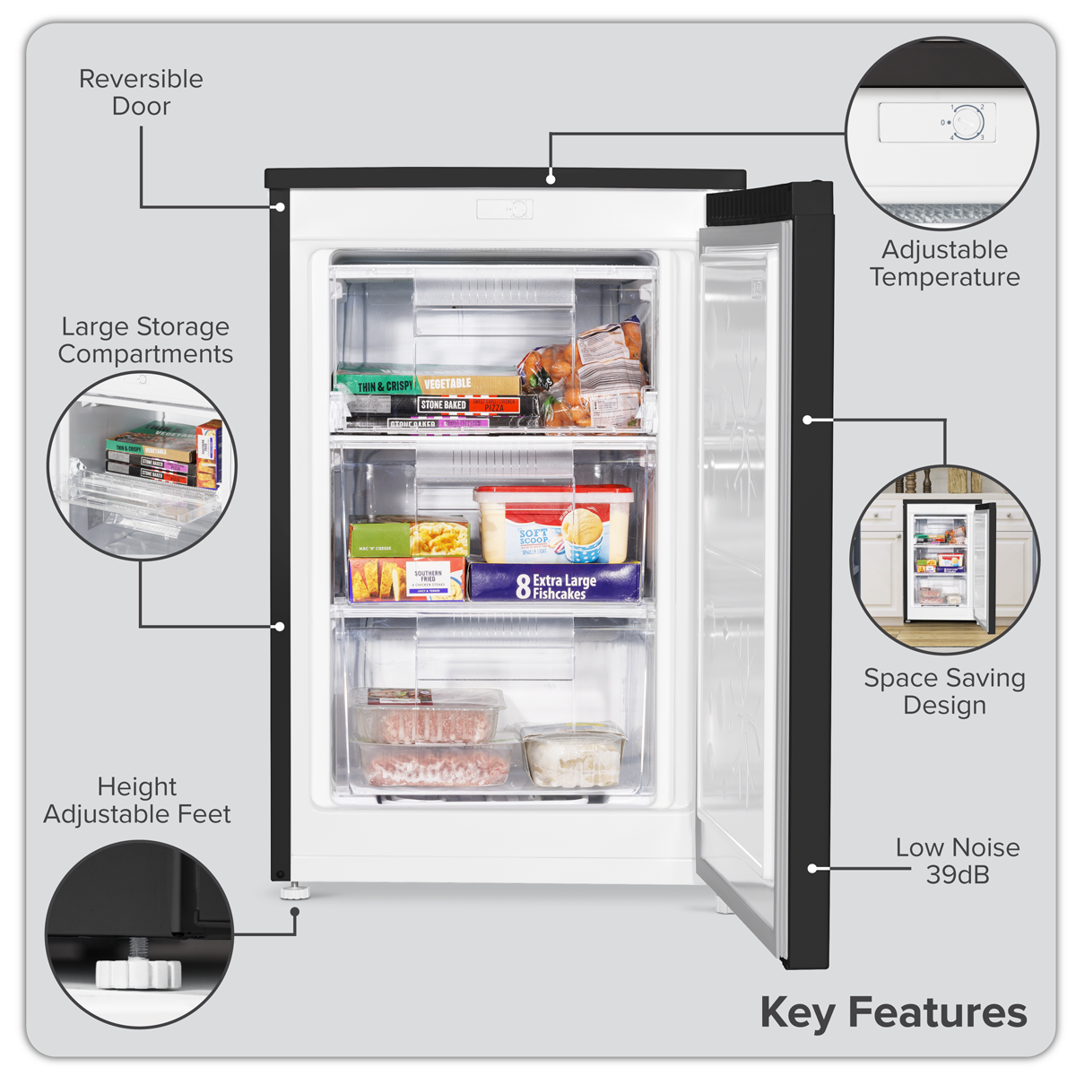 Baridi 55cm Undercounter Freezer with Adjustable Thermostat, 85L - Black DH251