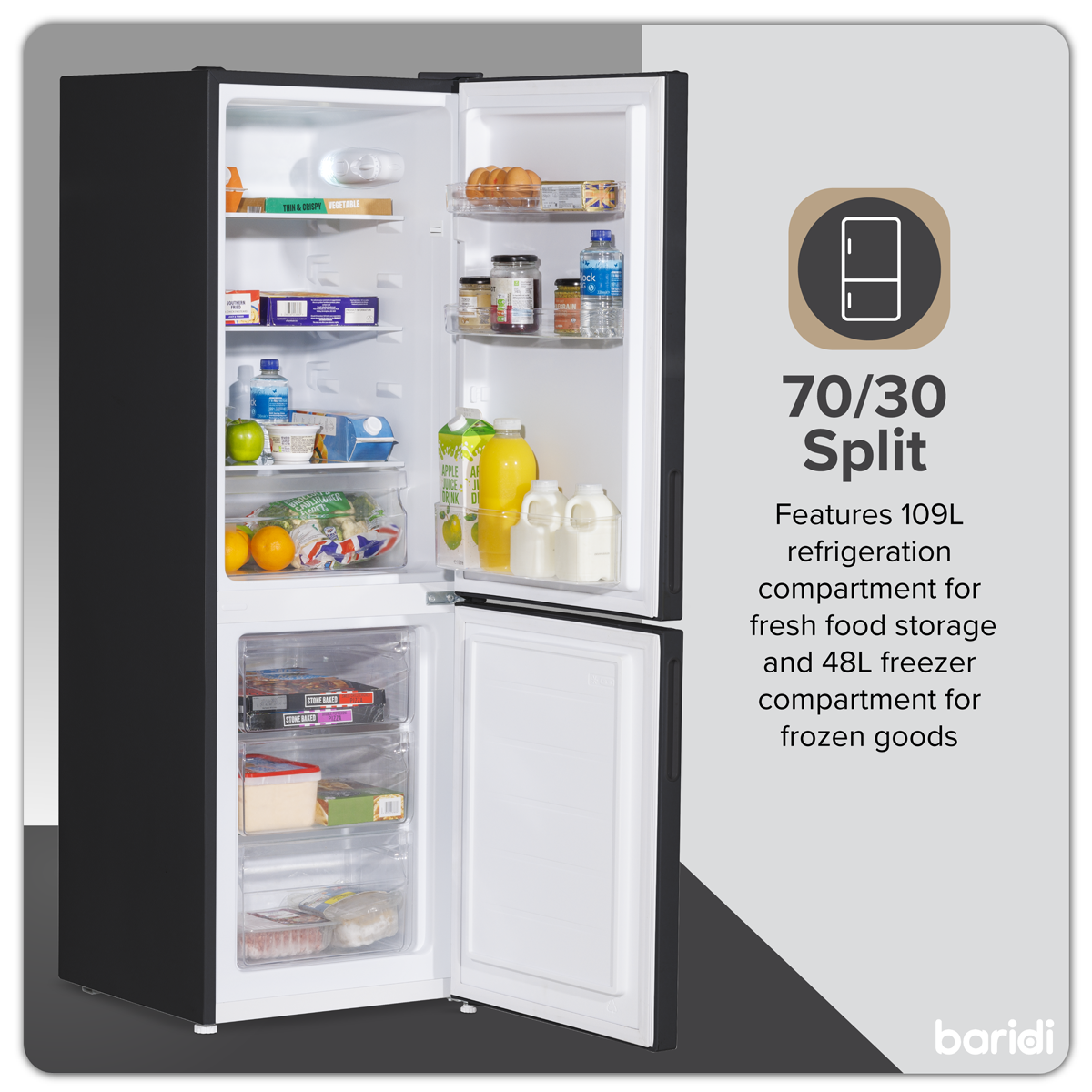 70/30 Low Frost Fridge Freezer 157L Capacity - Black DH253