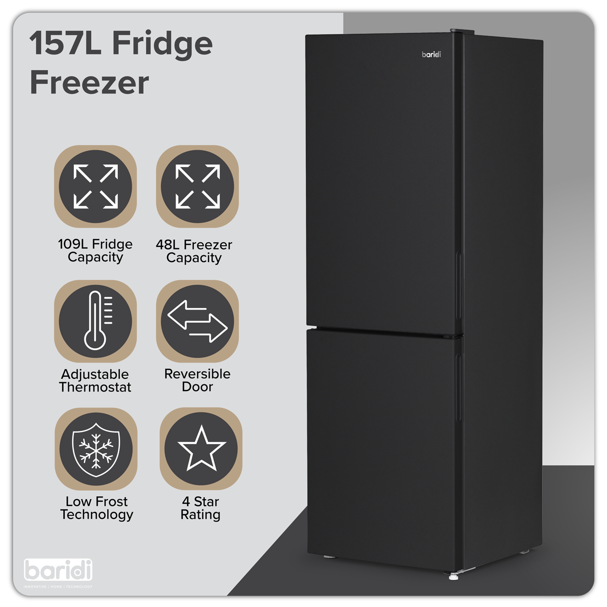 70/30 Low Frost Fridge Freezer 157L Capacity - Black DH253