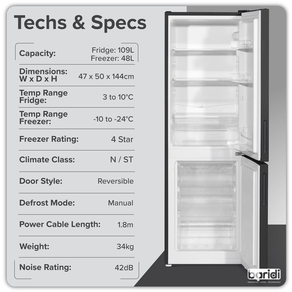 70/30 Low Frost Fridge Freezer 157L Capacity - Black DH253
