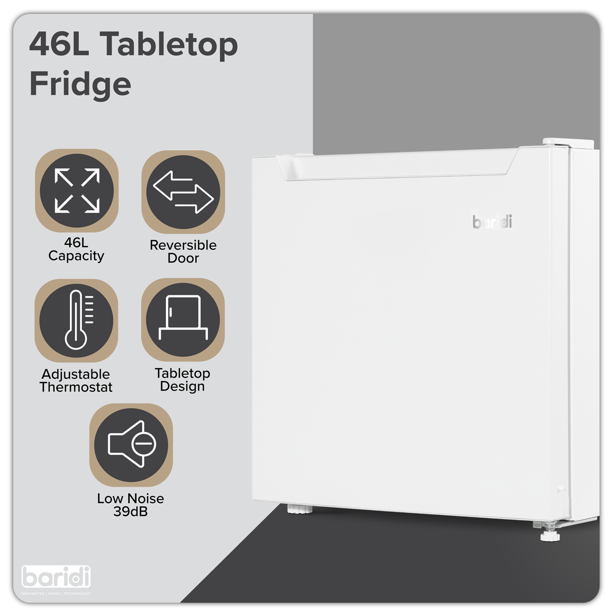 Baridi Tabletop Fridge with Ice Box, 46L Capacity, Adjustable Thermostat - White DH256