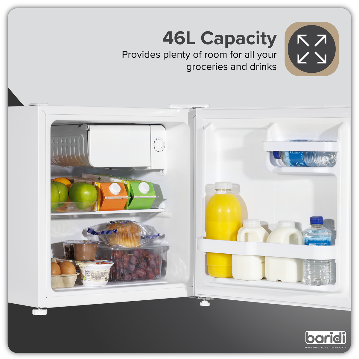 Baridi Tabletop Fridge with Ice Box, 46L Capacity, Adjustable Thermostat - White DH256