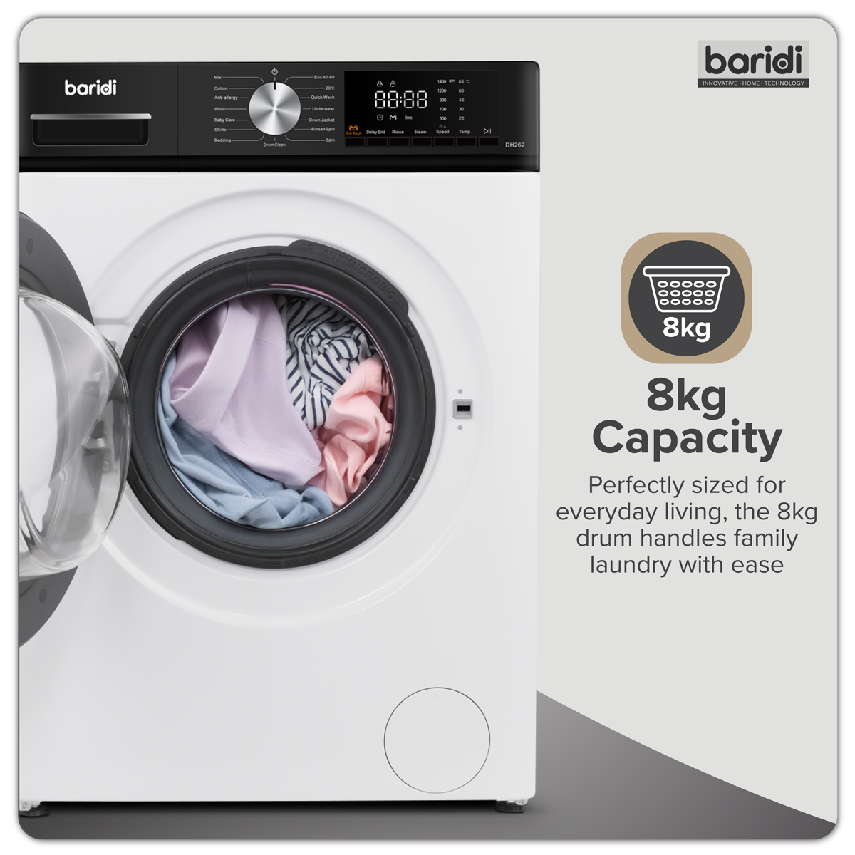 8kg Washing Machine, Front Loading, 1400rpm Energy Rating A – White DH262
