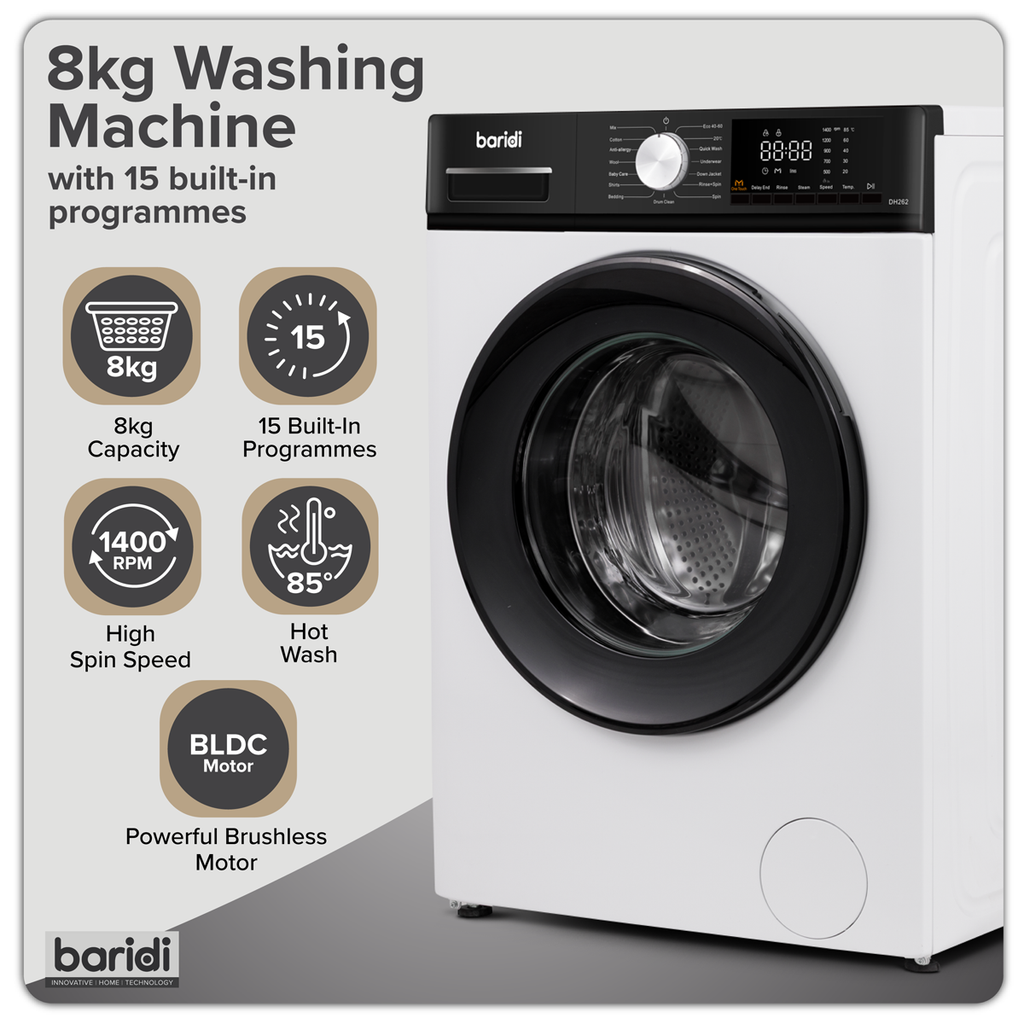 8kg Washing Machine, Front Loading, 1400rpm Energy Rating A – White DH262