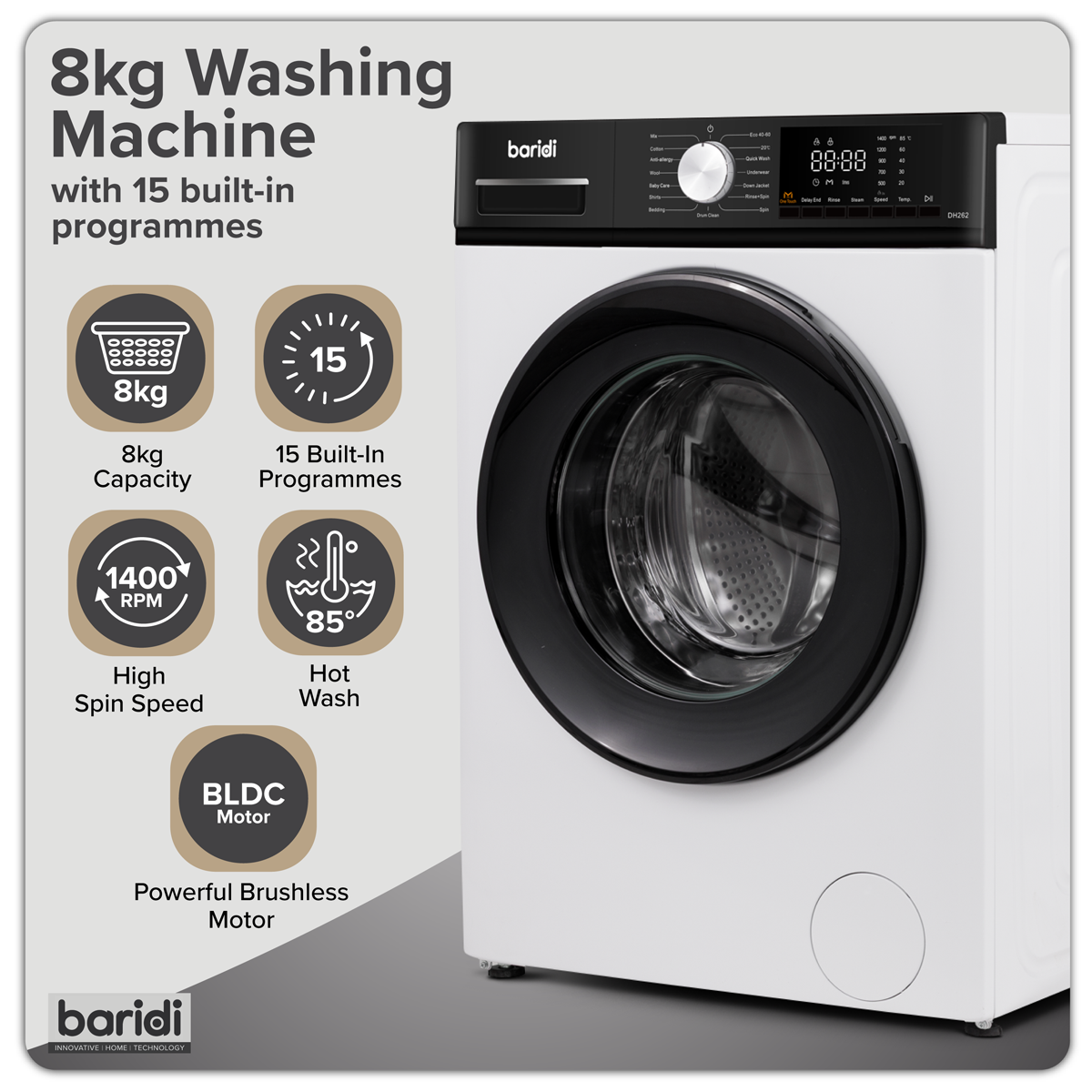 8kg Washing Machine, Front Loading, 1400rpm Energy Rating A – White DH262