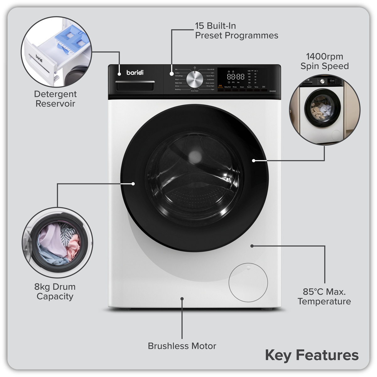 8kg Washing Machine, Front Loading, 1400rpm Energy Rating A – White DH262