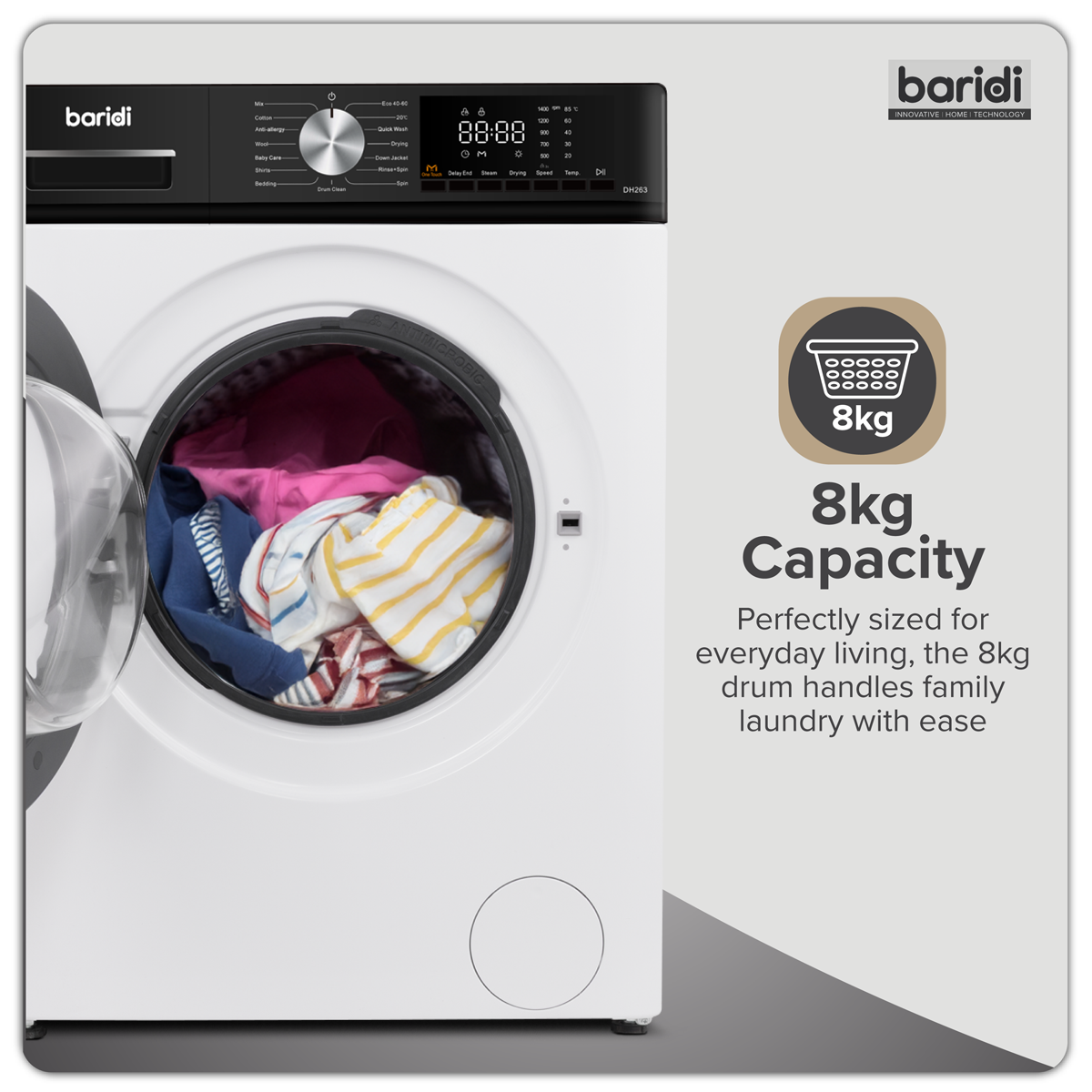 8/5kg Washer Dryer, Front Loading, 1400rpm, Energy Rating A - White DH263