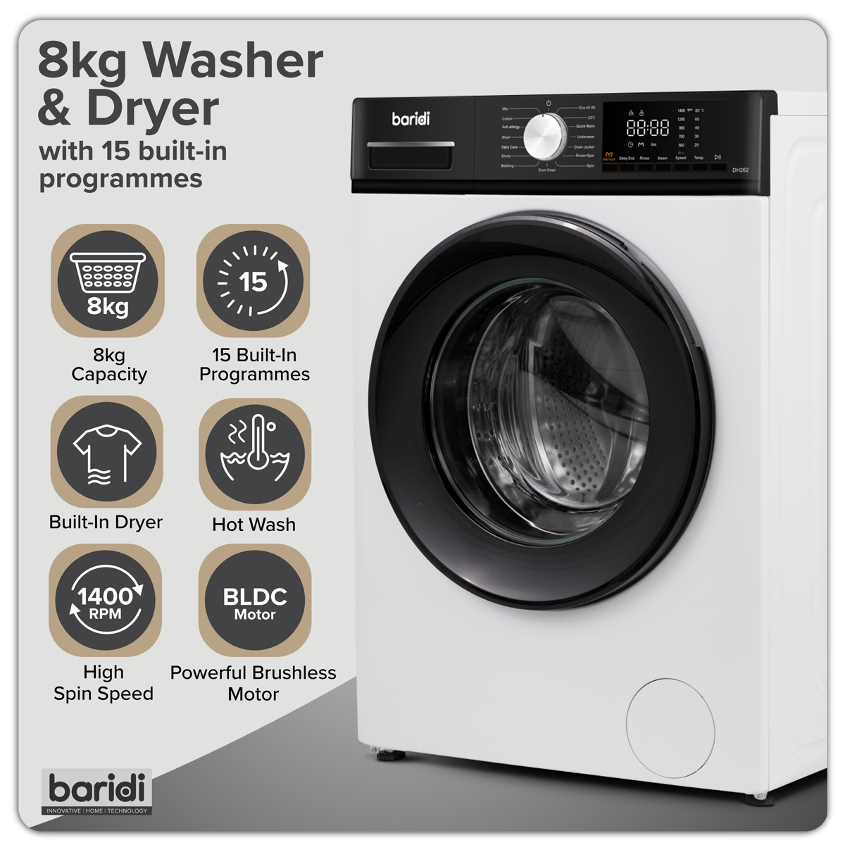 8/5kg Washer Dryer, Front Loading, 1400rpm, Energy Rating A - White DH263