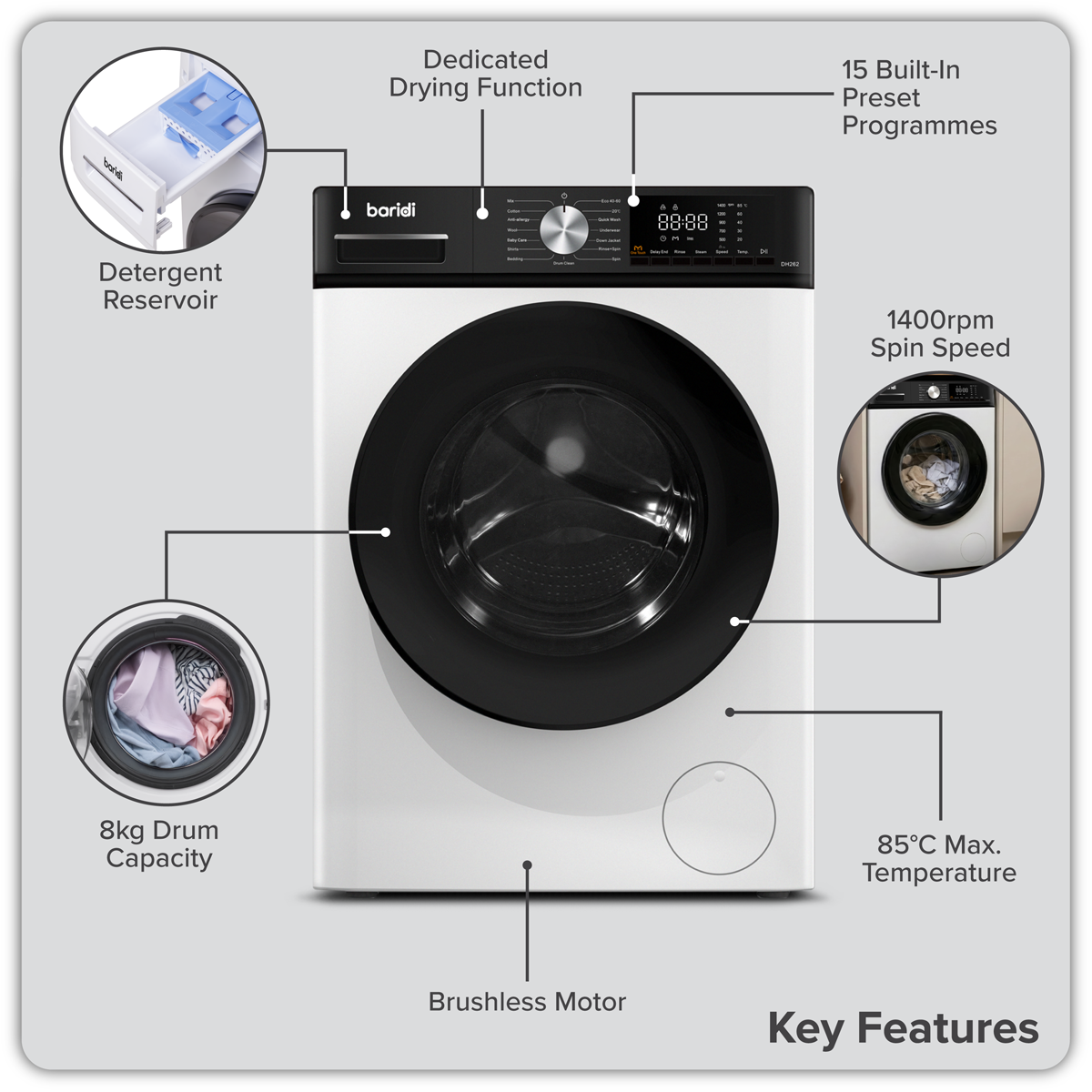 8/5kg Washer Dryer, Front Loading, 1400rpm, Energy Rating A - White DH263