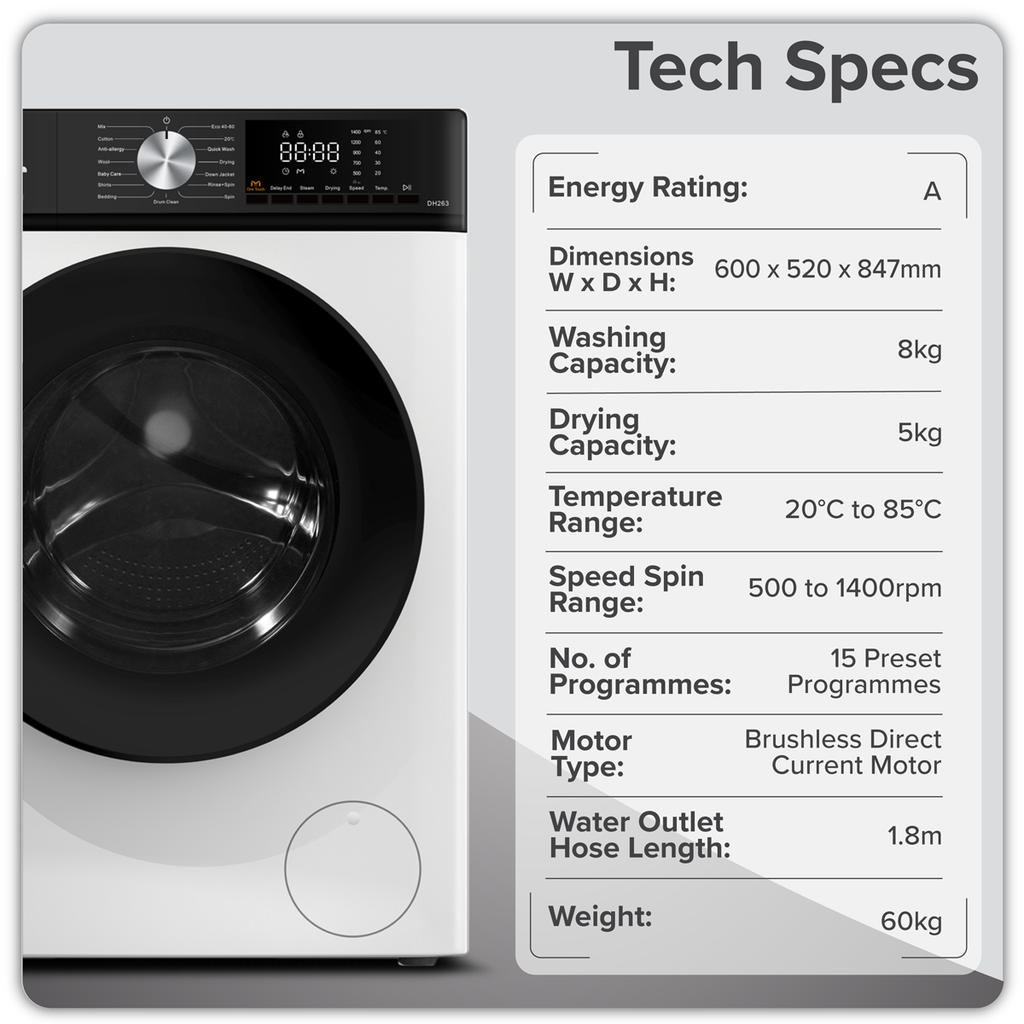 8/5kg Washer Dryer, Front Loading, 1400rpm, Energy Rating A - White DH263