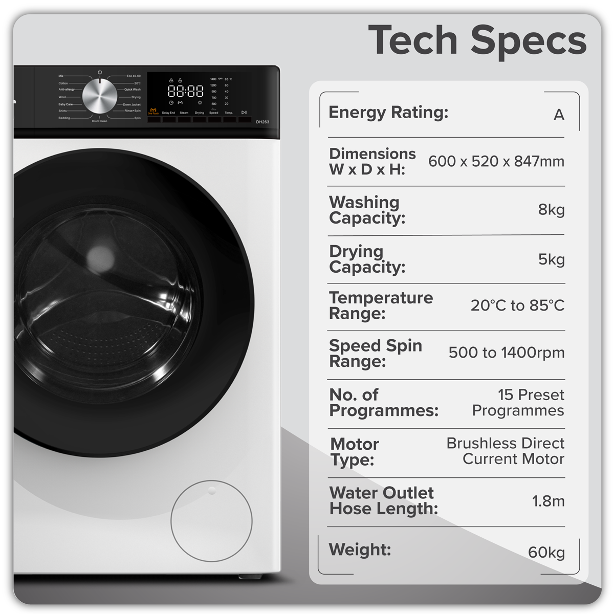 8/5kg Washer Dryer, Front Loading, 1400rpm, Energy Rating A - White DH263