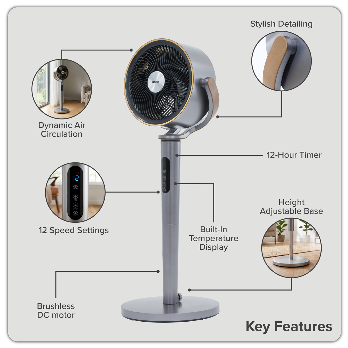 12" Pedestal Fan with Remote Control, Back Light & 12hr Timer - Grey DH264