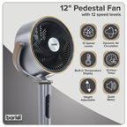 12" Pedestal Fan with Remote Control, Back Light & 12hr Timer - Grey DH264