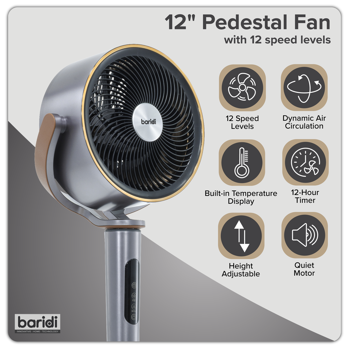 12" Pedestal Fan with Remote Control, Back Light & 12hr Timer - Grey DH264