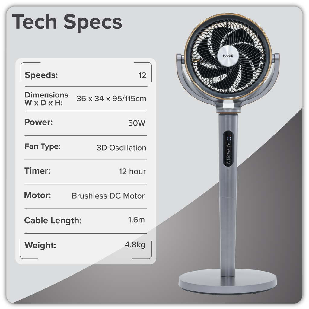 12" Pedestal Fan with Remote Control, Back Light & 12hr Timer - Grey DH264
