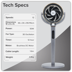 12" Pedestal Fan with Remote Control, Back Light & 12hr Timer - Grey DH264