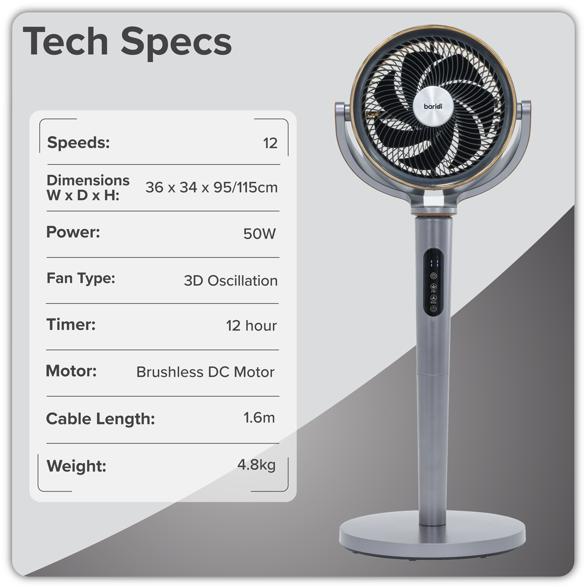 12" Pedestal Fan with Remote Control, Back Light & 12hr Timer - Grey DH264