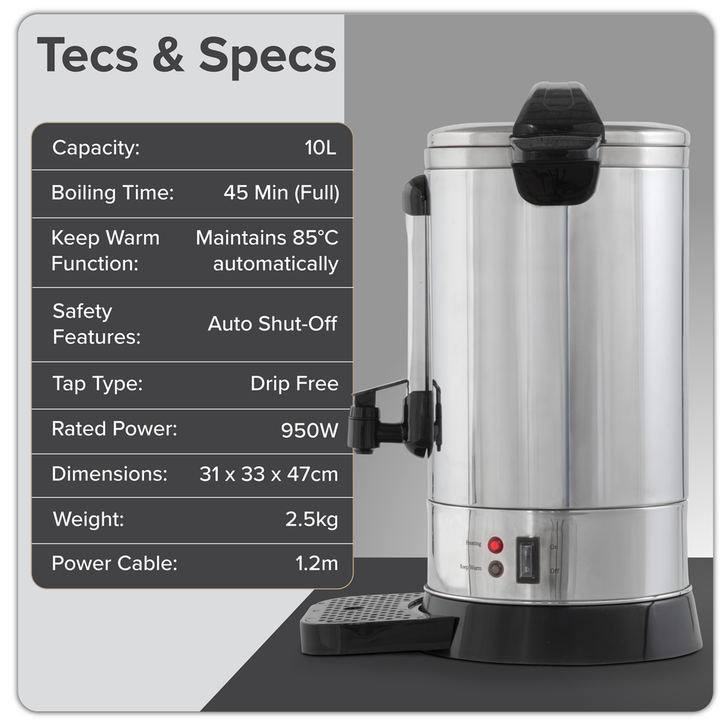 Hot Water Boiler/Tea Urn 10L Capacity - Stainless Steel DH269