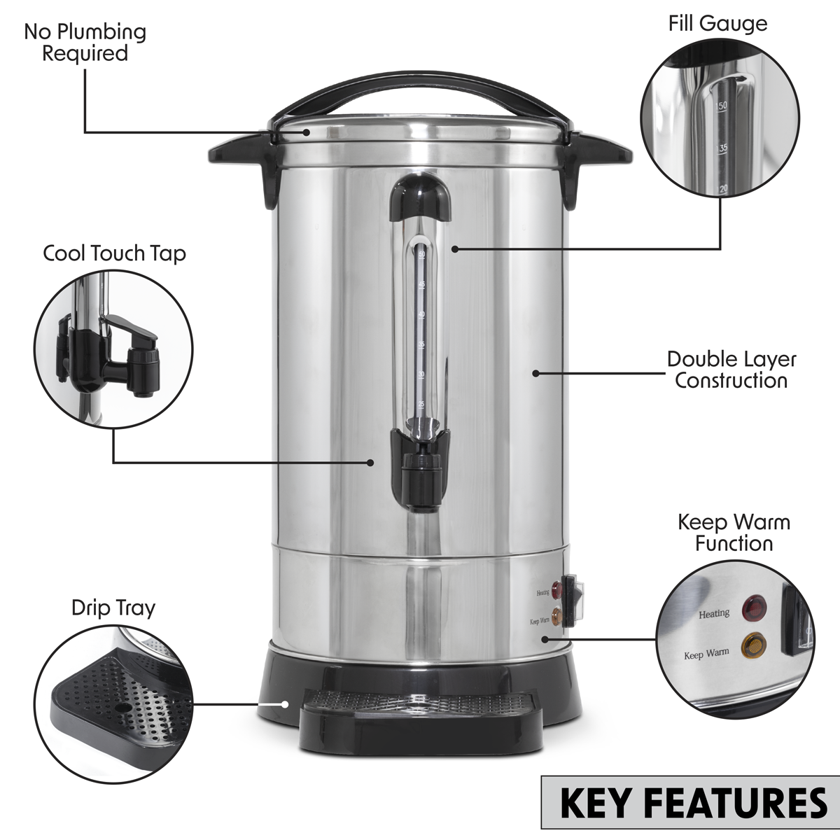 Baridi Hot Water Boiler, Tea Urn, 20L Capacity, Stainless Steel DH270