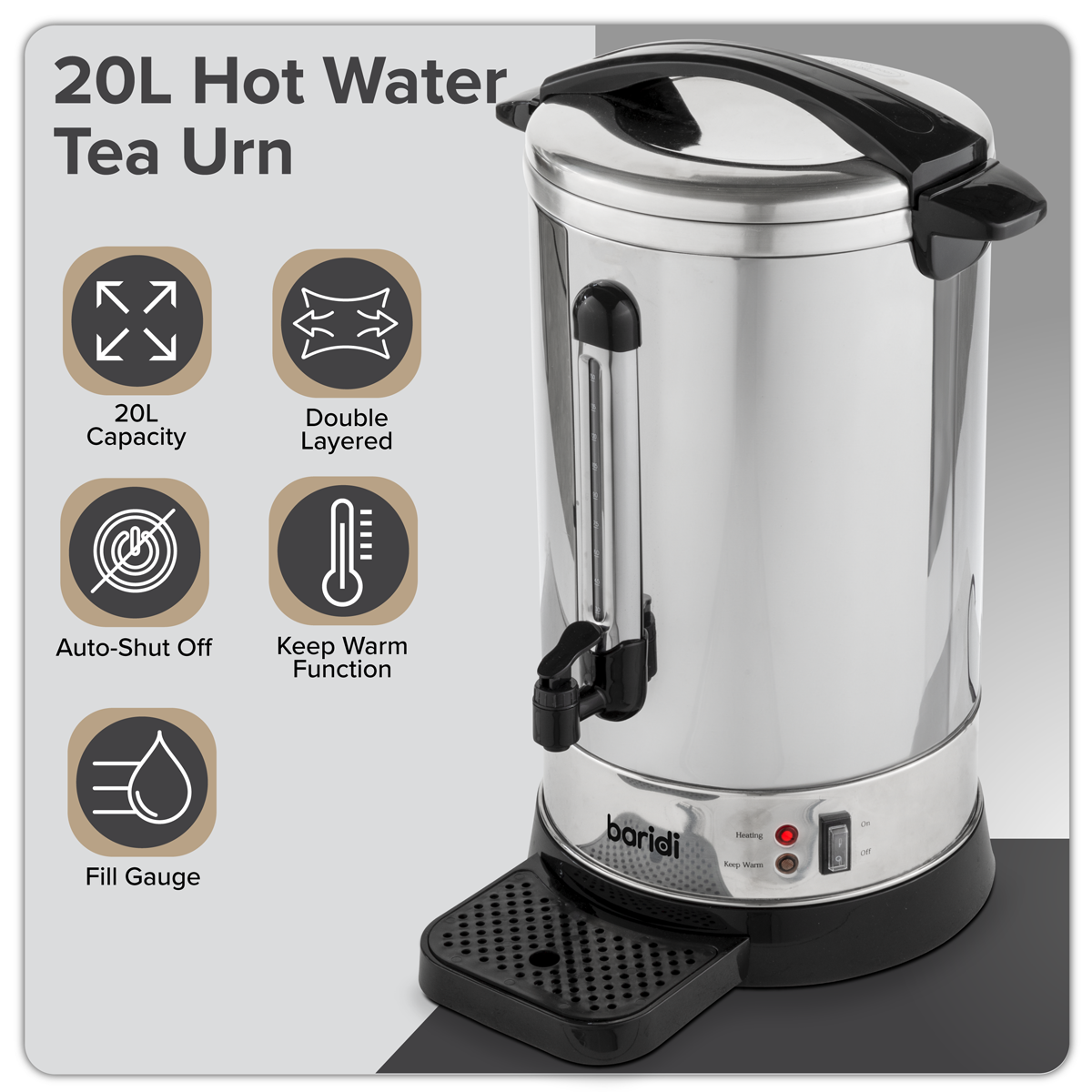 Baridi Hot Water Boiler, Tea Urn, 20L Capacity, Stainless Steel DH270