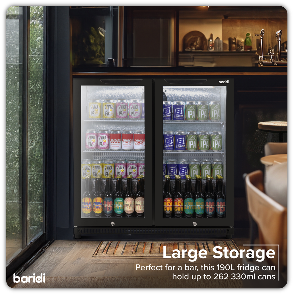 Hinged Double Door, Back Bar Drinks Fridge/Cooler, 190L Capacity, 262 Cans - Black DH272