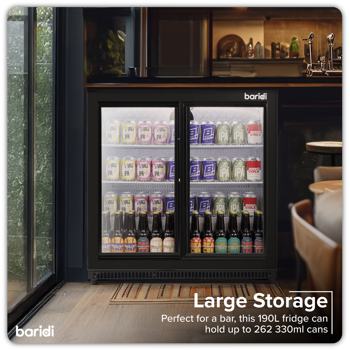 Double Sliding Door Back Bar Drinks Fridge/Cooler, 190L Capacity, 262 Cans - Black DH273
