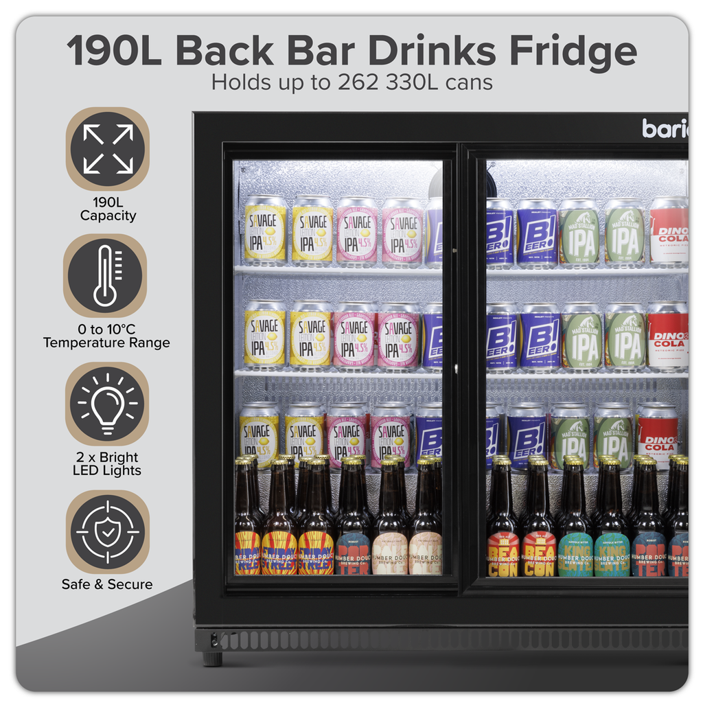 Double Sliding Door Back Bar Drinks Fridge/Cooler, 190L Capacity, 262 Cans - Black DH273