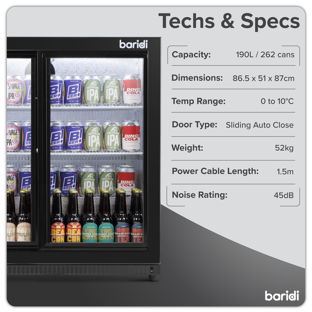 Double Sliding Door Back Bar Drinks Fridge/Cooler, 190L Capacity, 262 Cans - Black DH273