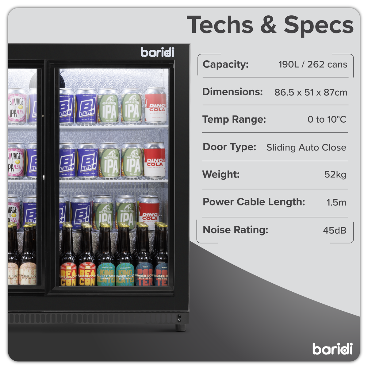 Double Sliding Door Back Bar Drinks Fridge/Cooler, 190L Capacity, 262 Cans - Black DH273