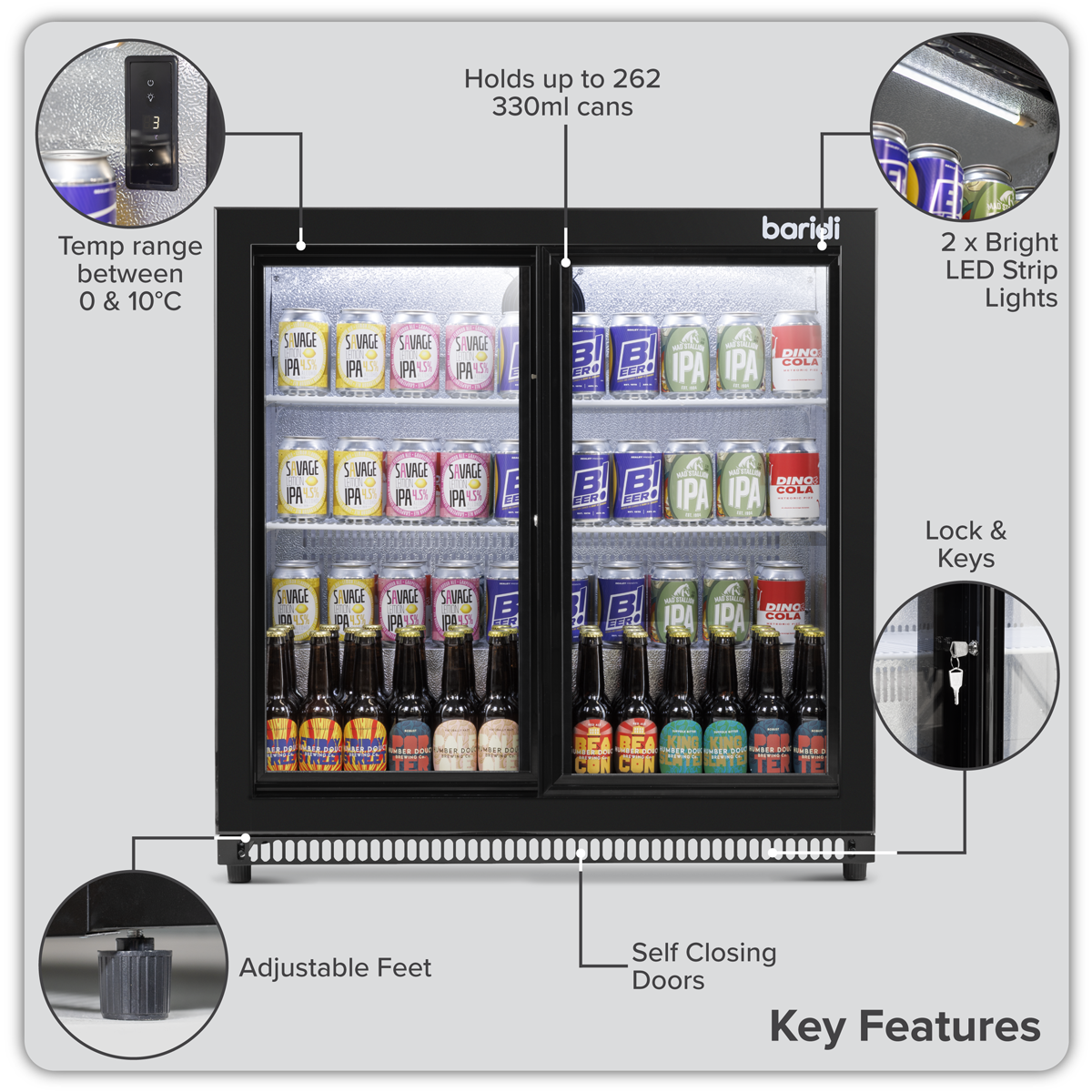 Double Sliding Door Back Bar Drinks Fridge/Cooler, 190L Capacity, 262 Cans - Black DH273
