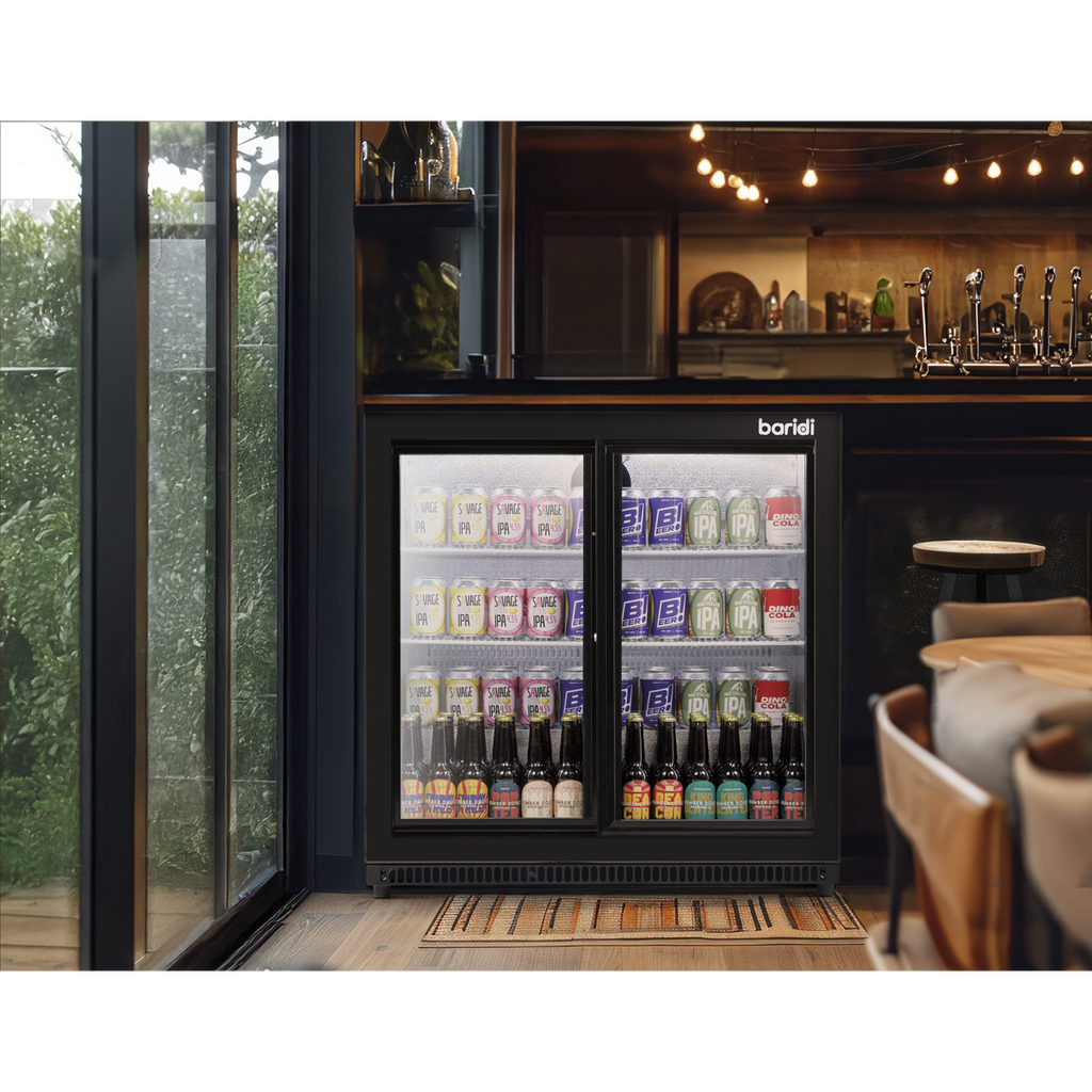 Double Sliding Door Back Bar Drinks Fridge/Cooler, 190L Capacity, 262 Cans - Black DH273
