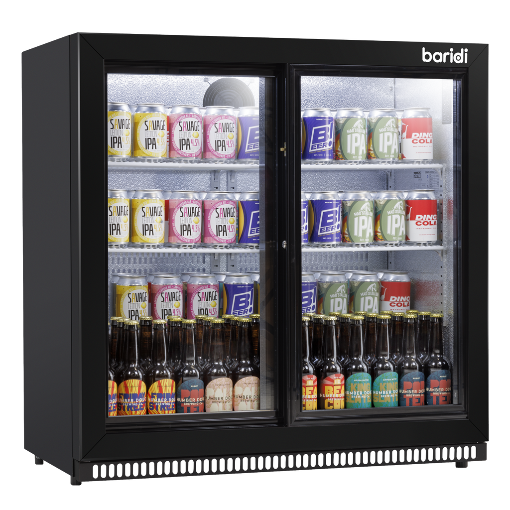 Double Sliding Door Back Bar Drinks Fridge/Cooler, 190L Capacity, 262 Cans - Black DH273