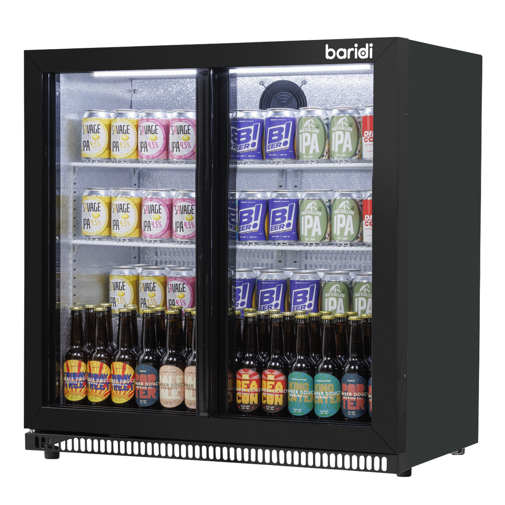 Double Sliding Door Back Bar Drinks Fridge/Cooler, 190L Capacity, 262 Cans - Black DH273