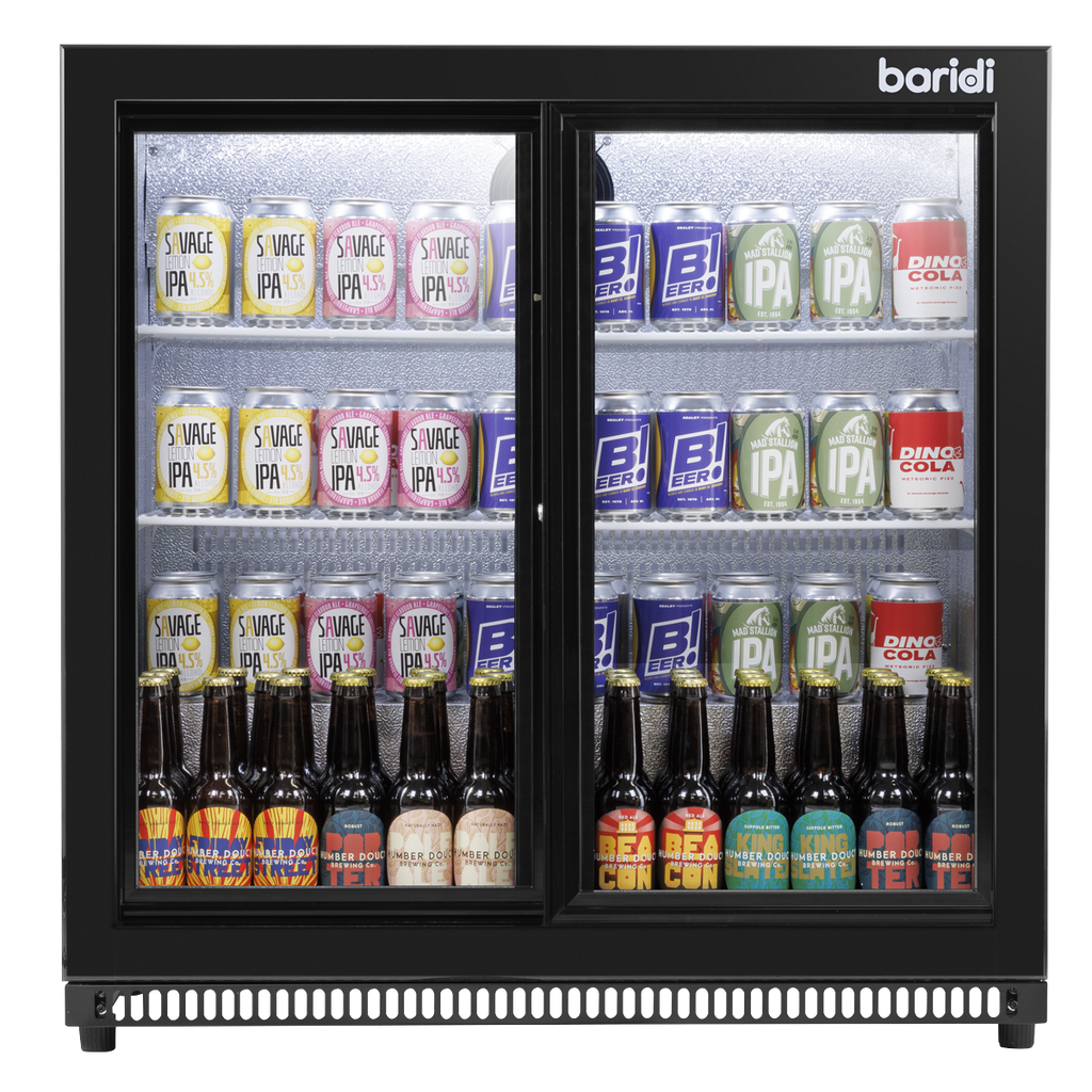 Double Sliding Door Back Bar Drinks Fridge/Cooler, 190L Capacity, 262 Cans - Black DH273