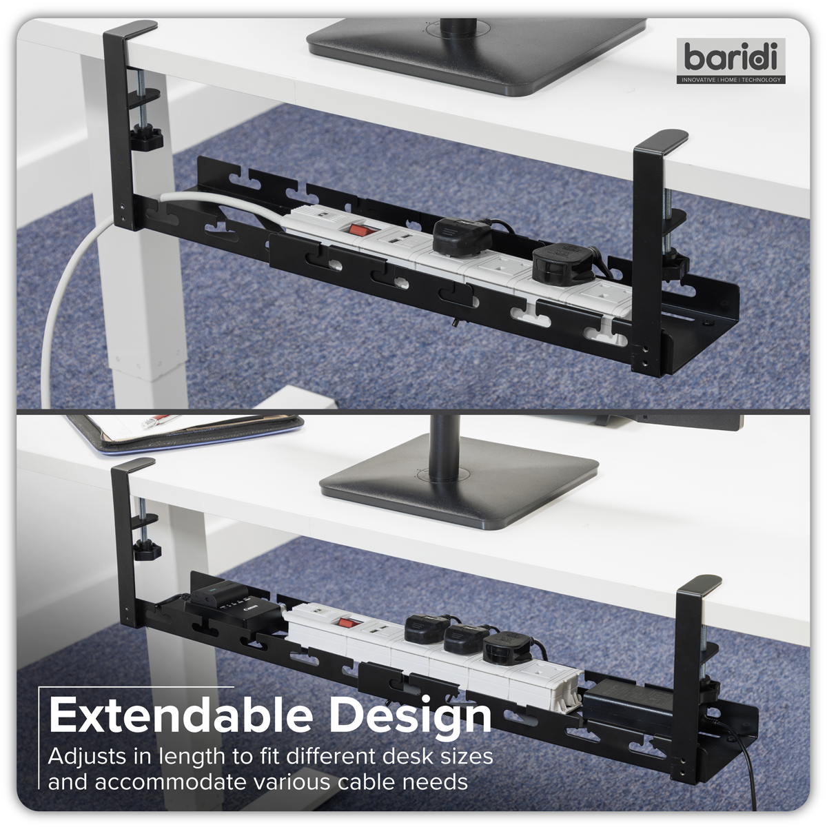 Extendable Cable Management Tray 435/730 x 130 x 190mm - Black DH276