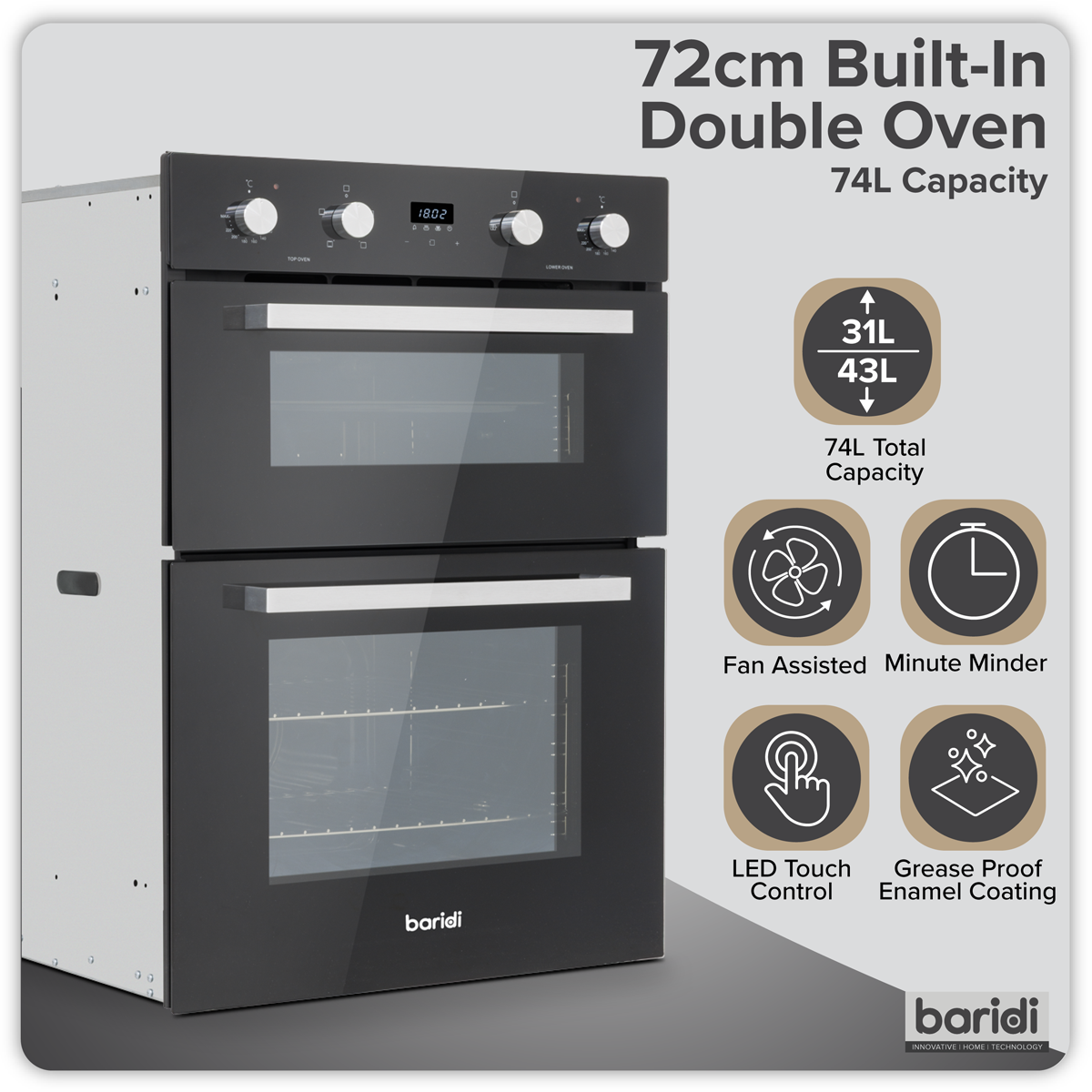 72cm Built-Under Double Oven, 74L Capacity, Energy Rating A – Black DH278