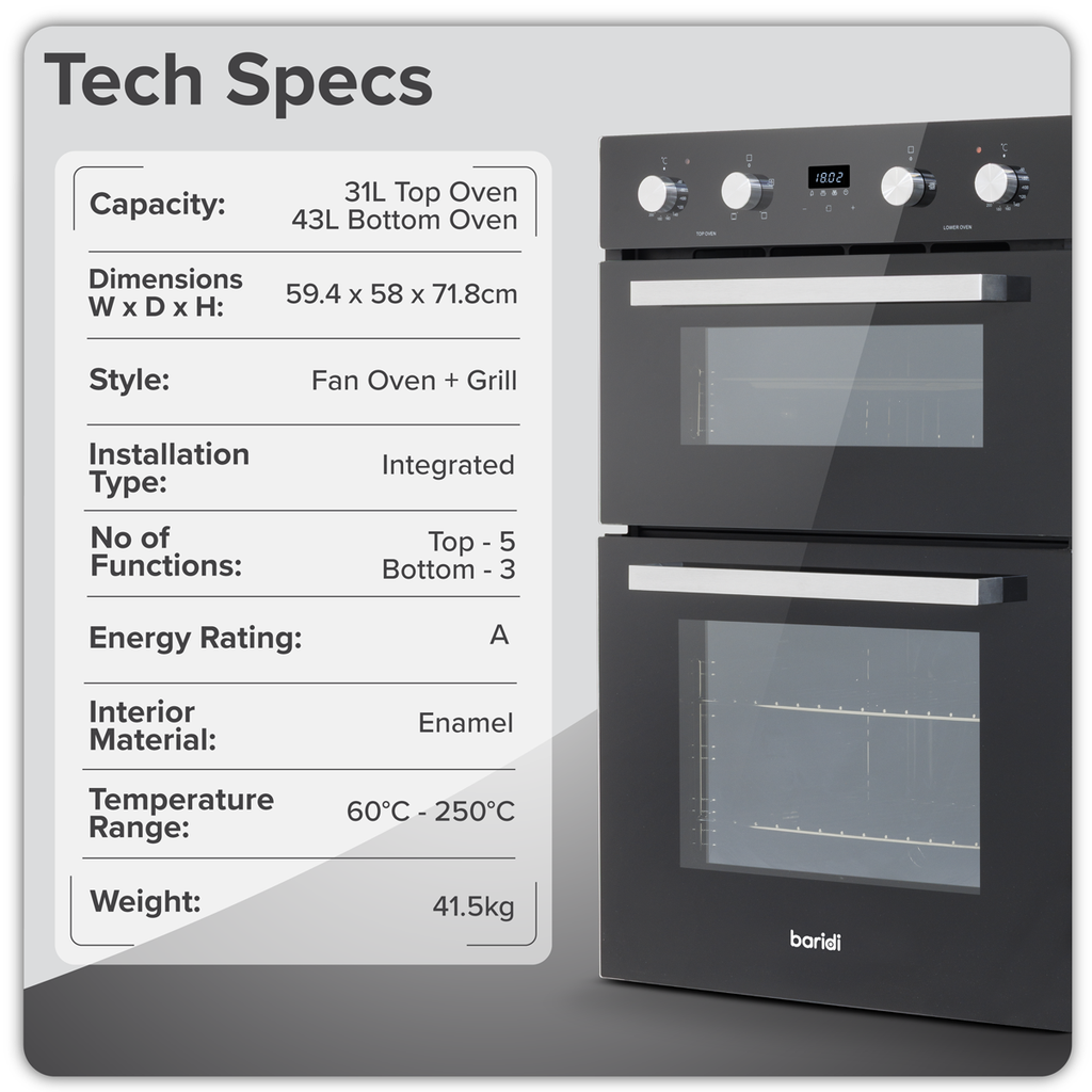 72cm Built-Under Double Oven, 74L Capacity, Energy Rating A – Black DH278